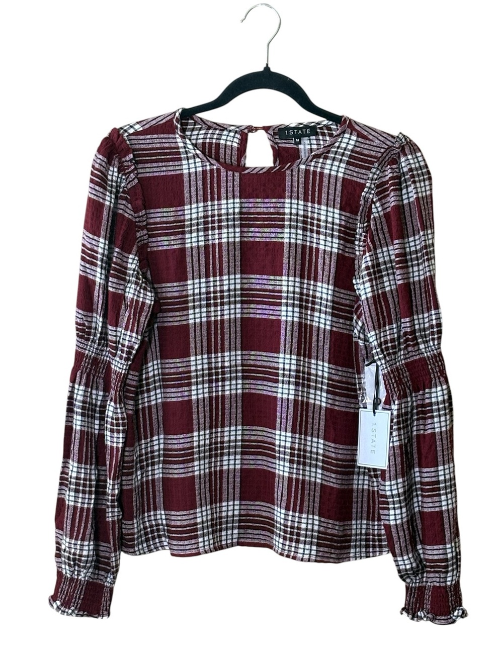 1. State Burgundy Plaid Smocked Sleeve Blouse,NWT,Size M